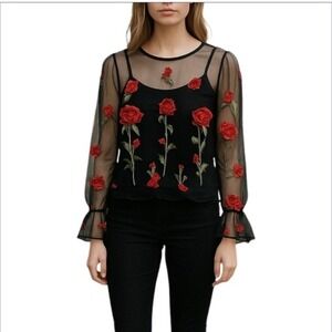 Vintage Y2K Sheer Black Mesh Embroidered Floral Top Whimsy Goth Fairy Grunge